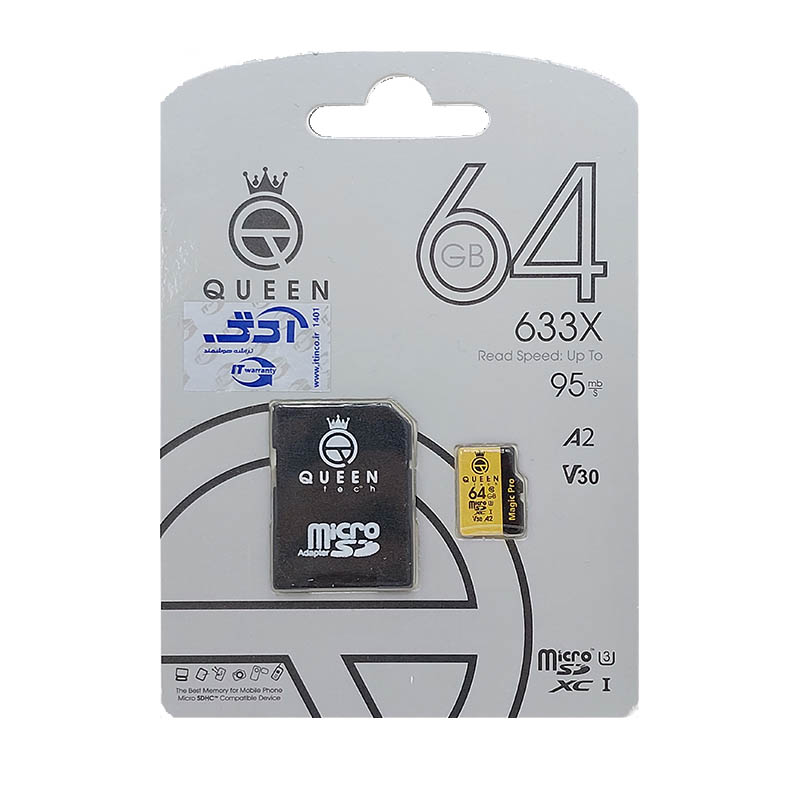 کارت حافظه microSDXC کویین تک مدل 633X کلاس 10 استاندارد V30 و A2 سرعت 95 MBps ظرفیت 64 گیگابایت به همراه آداپتور SD